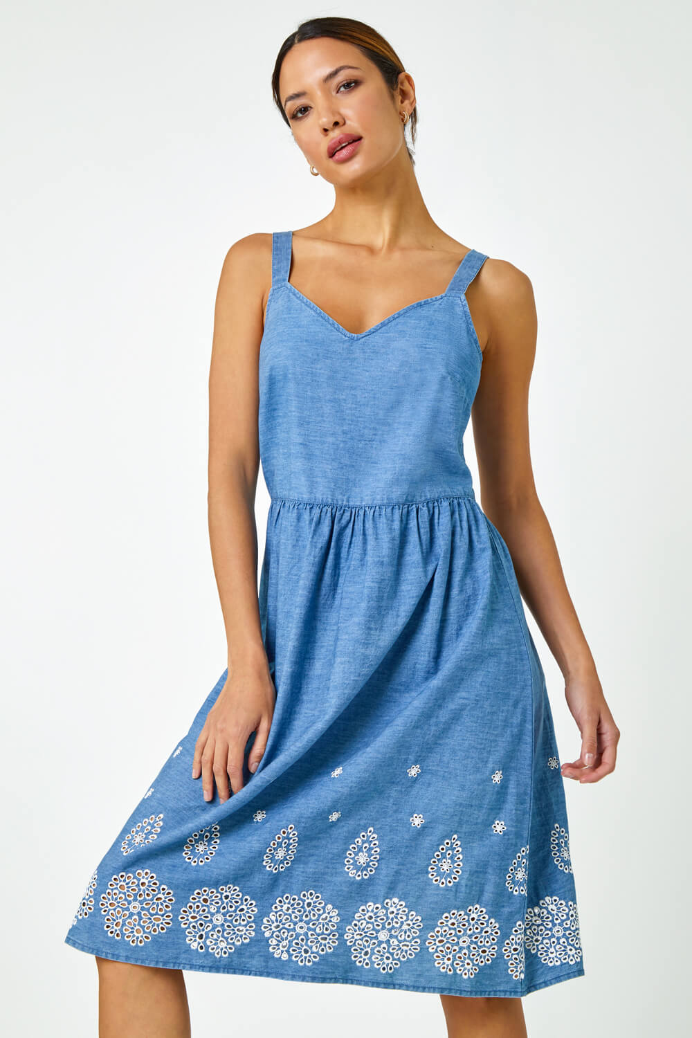 Denim Sleeveless Cotton Embroidered Midi Dress, Image 5 of 5