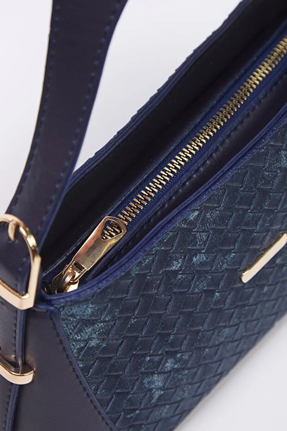 Navy WOVCOR Navy Woven Panel Shoulder Bag with Gold Hardware, Image 2 of 4
