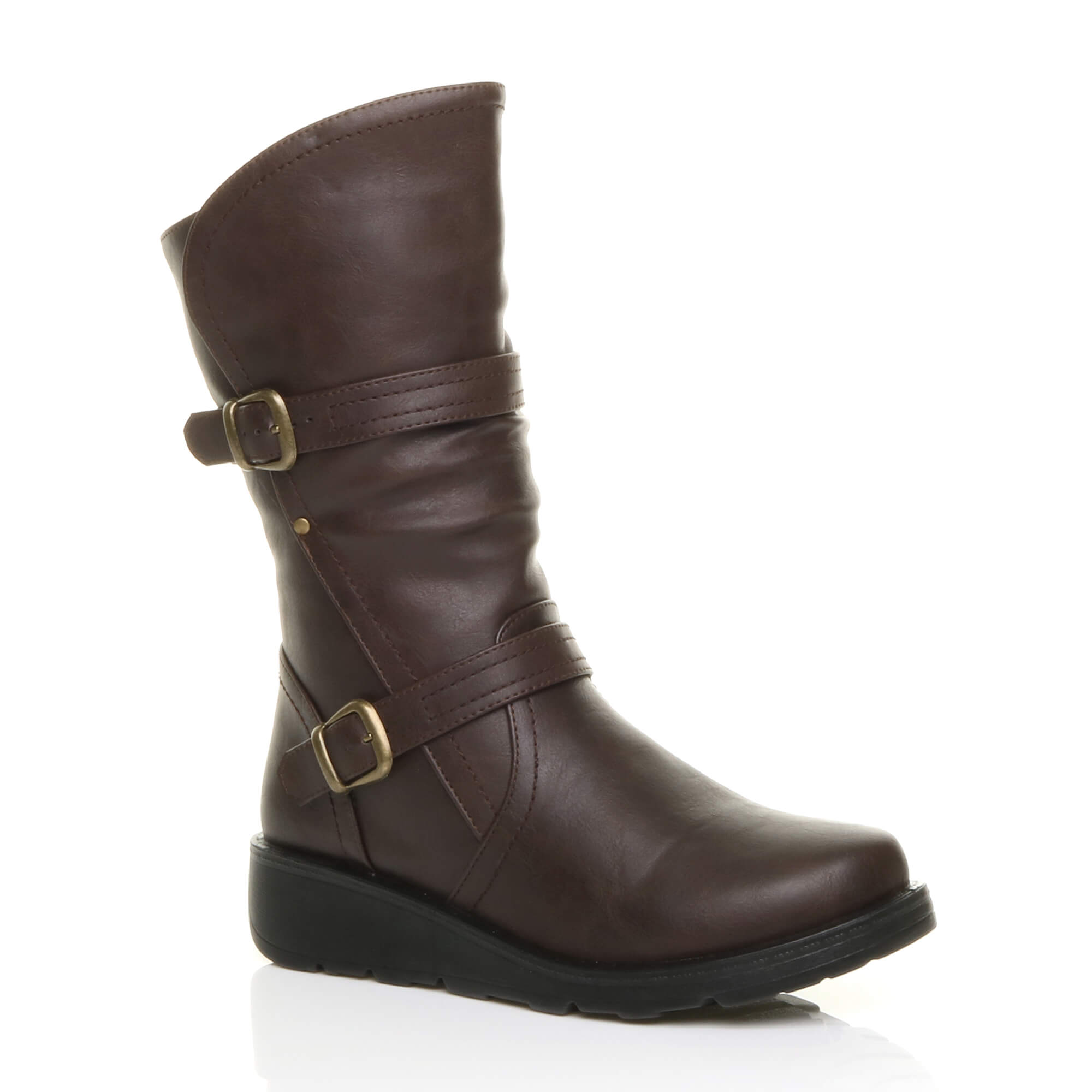 Brown AJVANI Brown Low Wedge Heel Comfort Calf Biker Boots, Image 1 of 6