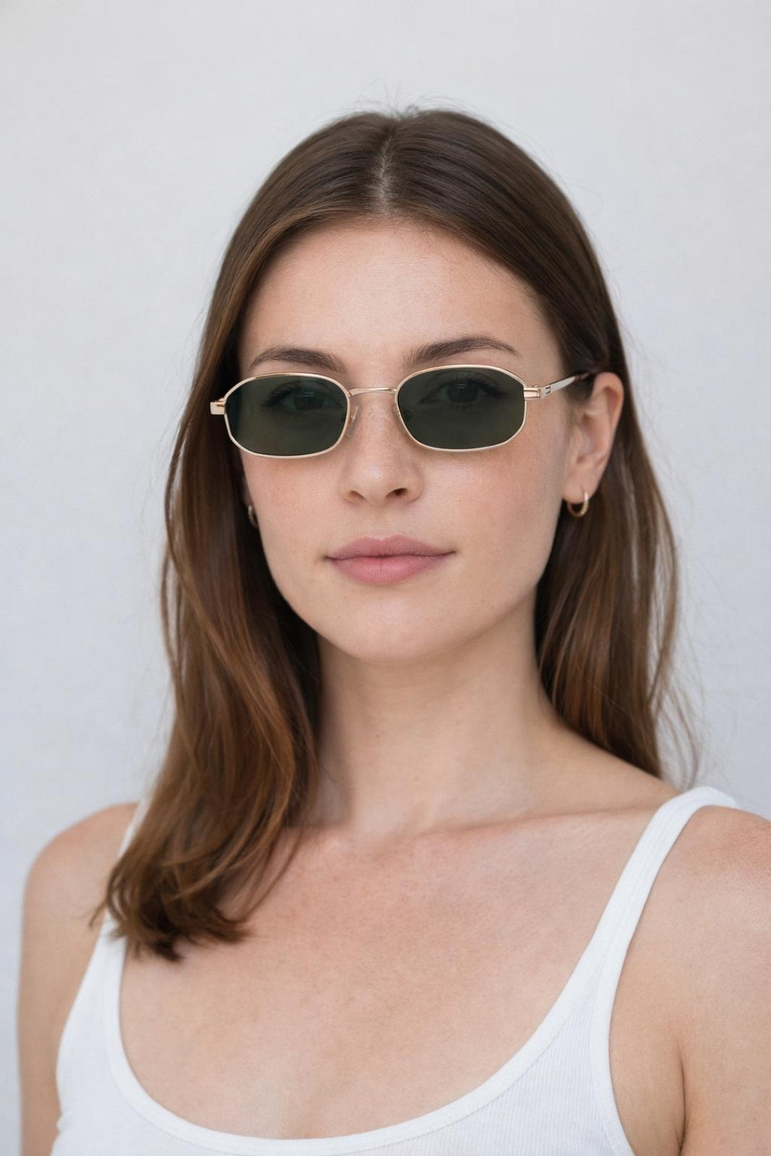Metallic Slim Metal Oval Frame In Gold With Khaki Lenses