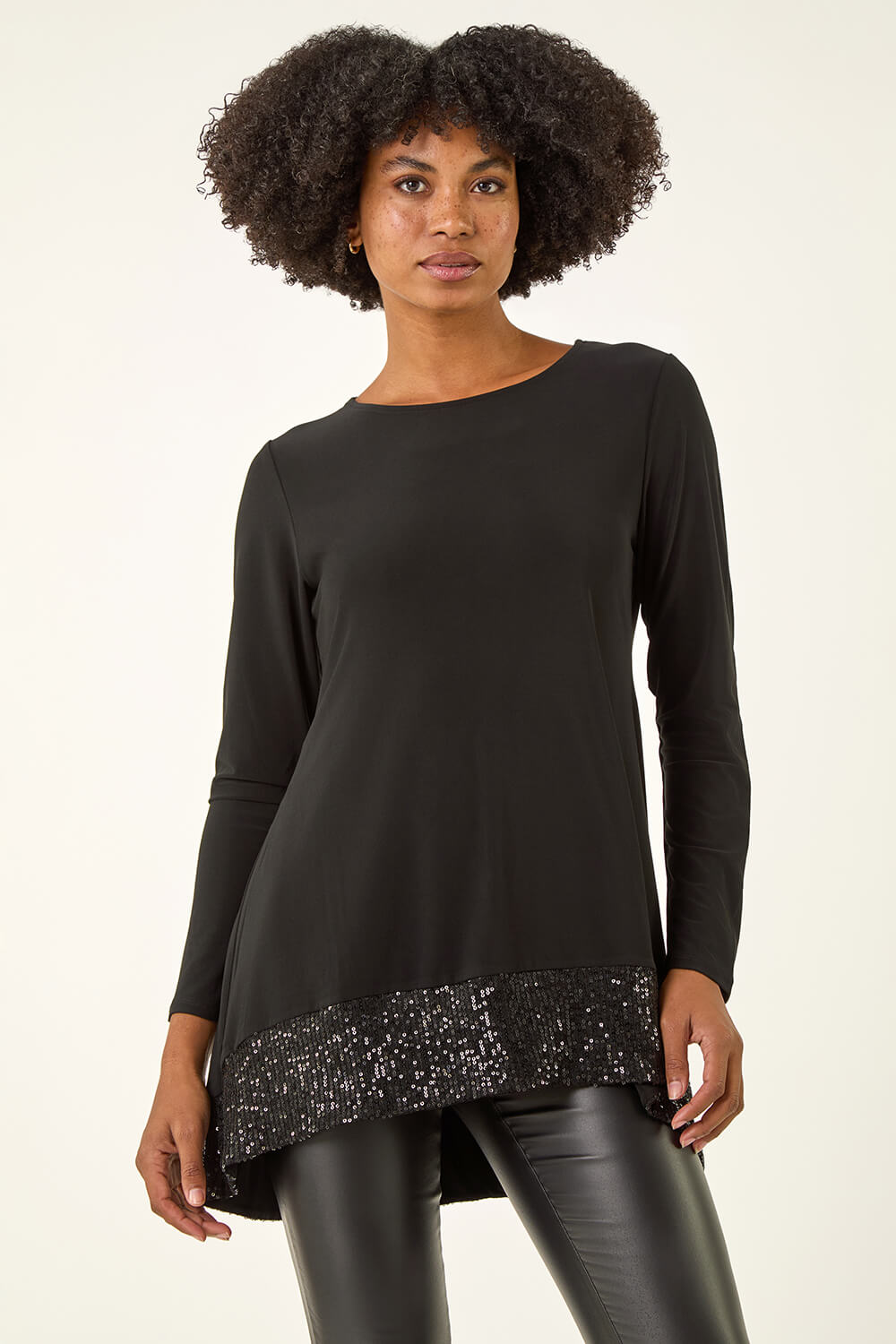 Black Sequin Hem Stretch Tunic Top, Image 1 of 5