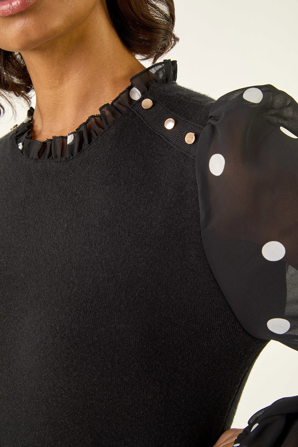 Black Polka Dot Frill Knitted Dress, Image 6 of 5