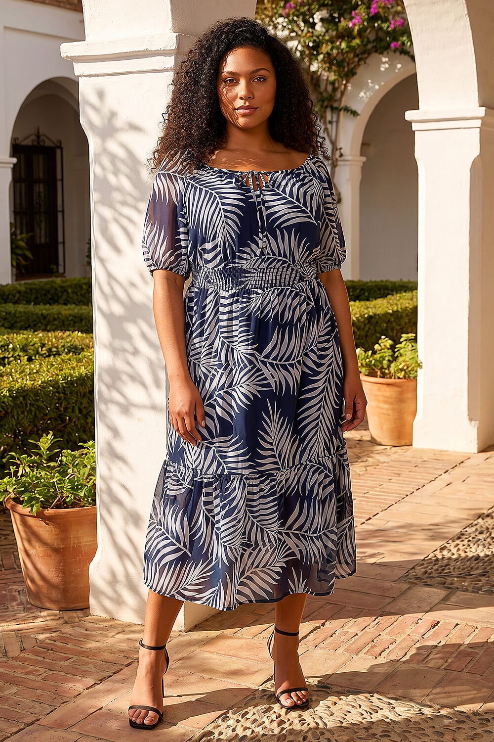 Navy Curve Leaf Print Tie Neck Midi Dress, Image 4 of 4