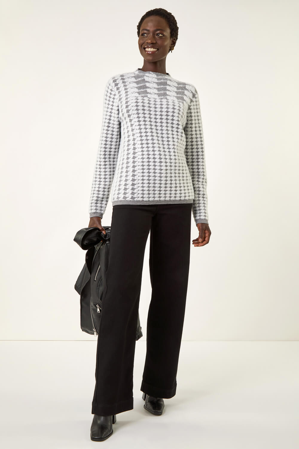 Grey Intarsia High Neck Knit Jumper, Image 1 of 5