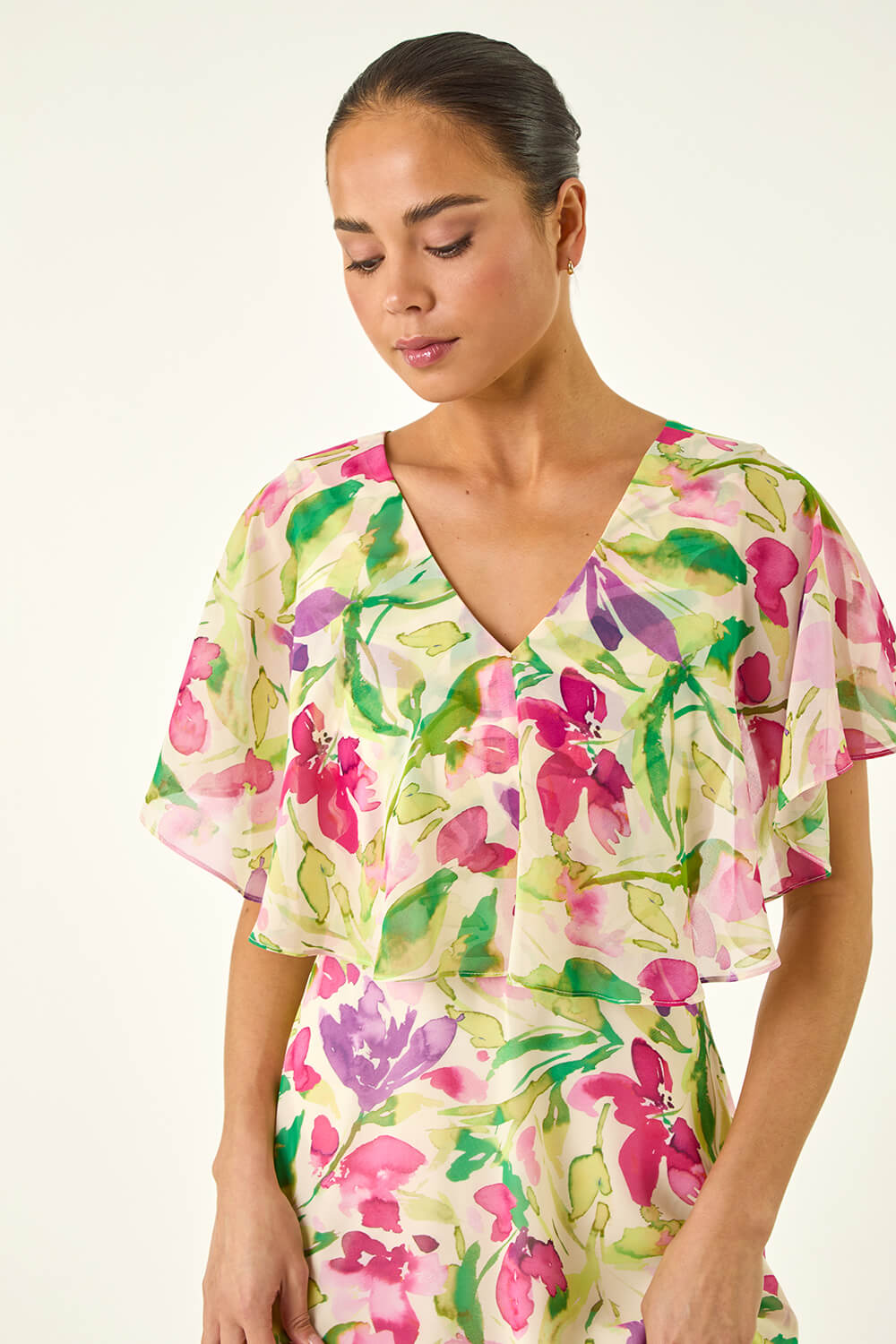 Multi Petite Floral Print Cape Midi Dress, Image 5 of 5