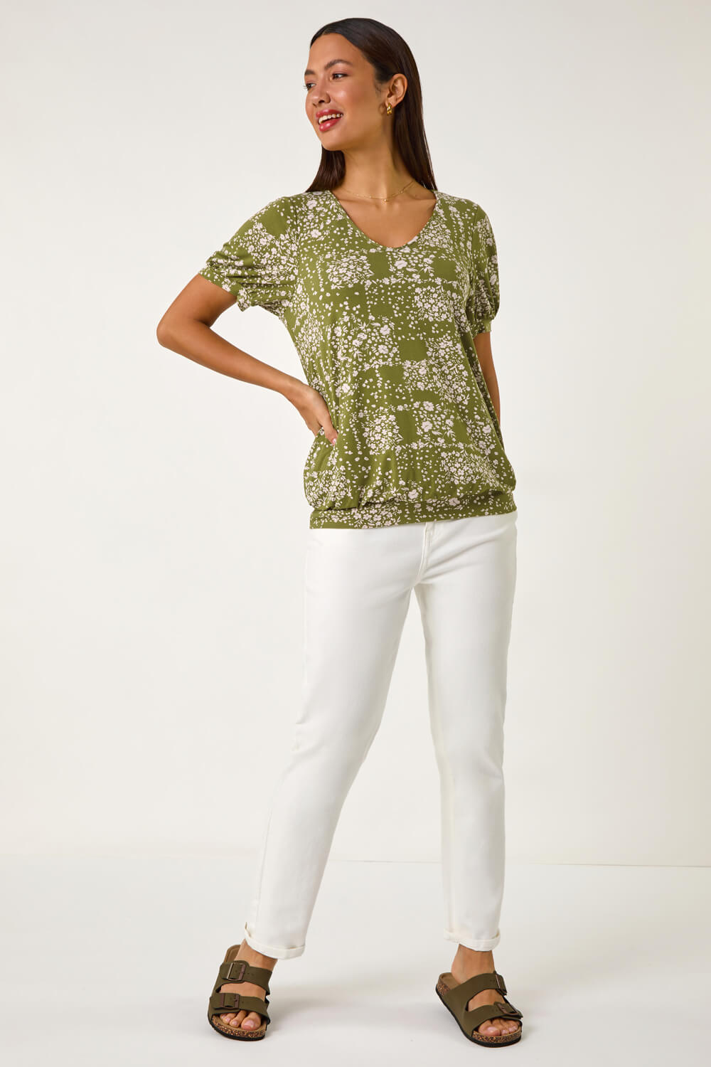 KHAKI Floral Print Bubble Hem Top, Image 3 of 5