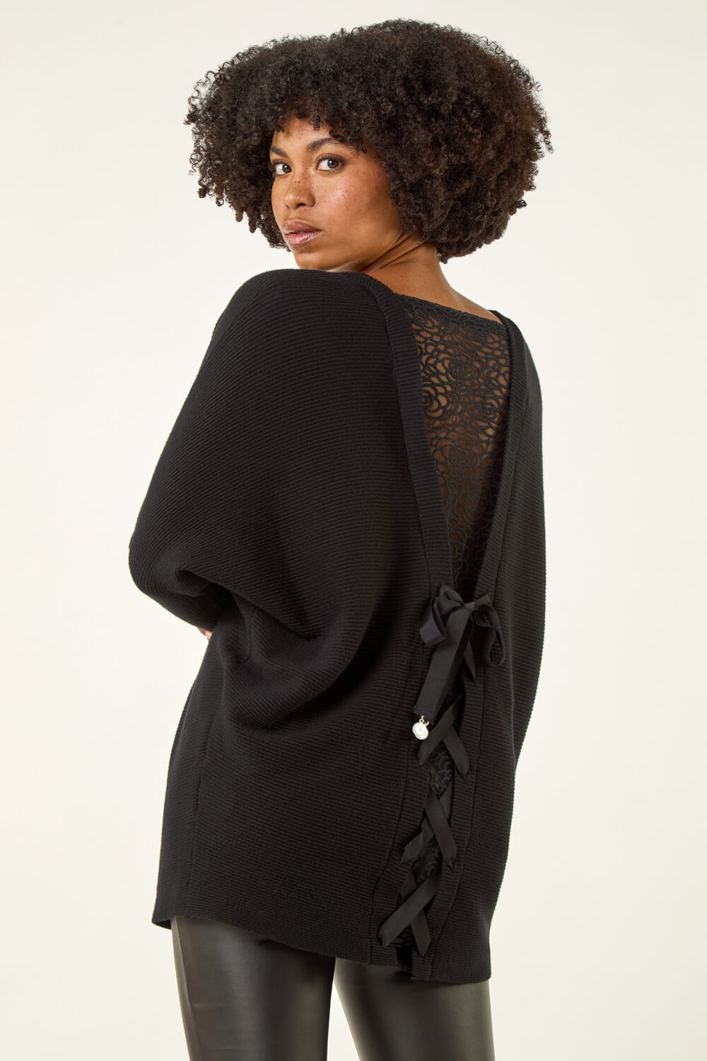Black V-Neck Lace Back Knit Jumper | Roman UK
