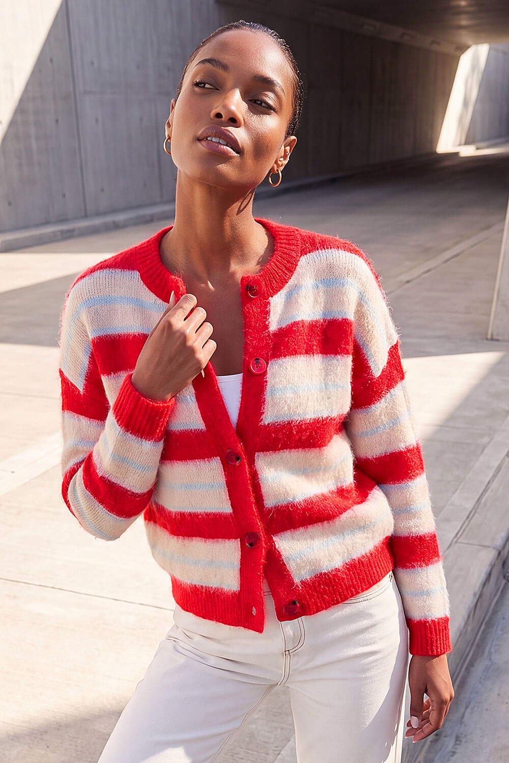 Red Stripe Knit Cardigan, Image 1 of 4