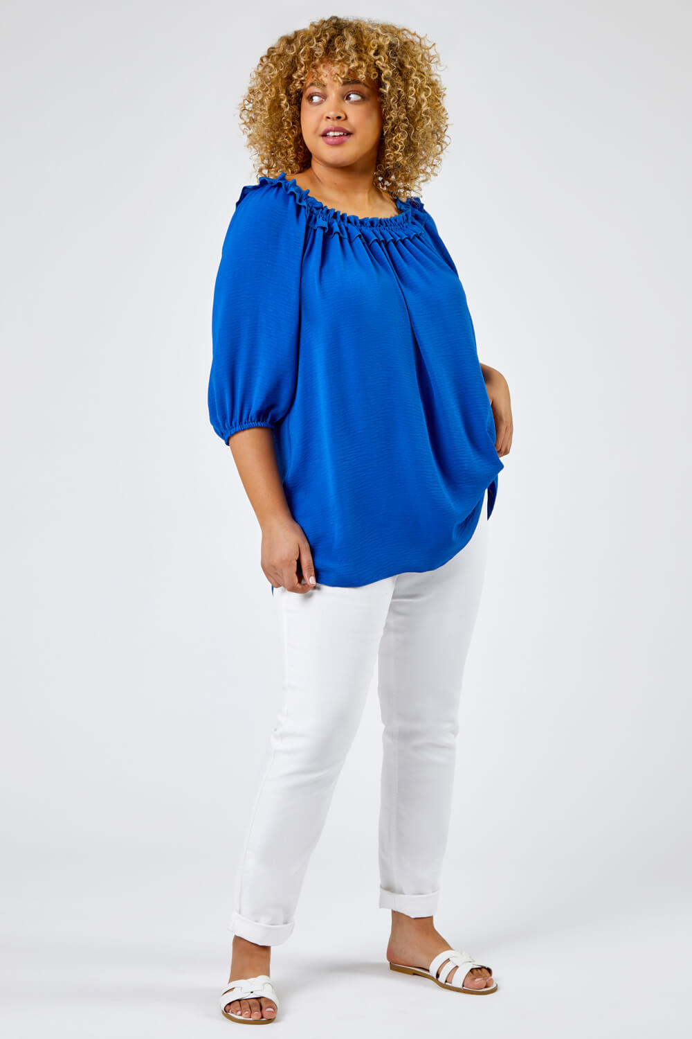 Royal Blue Curve Frill Detail Bardot Top , Image 4 of 6