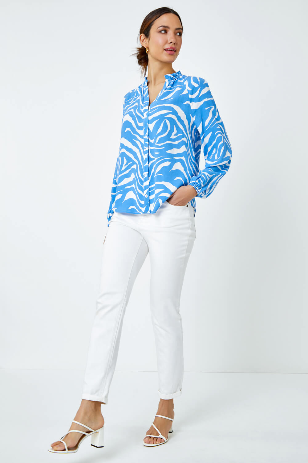 Blue Zebra Print Button Detail Blouse, Image 5 of 5