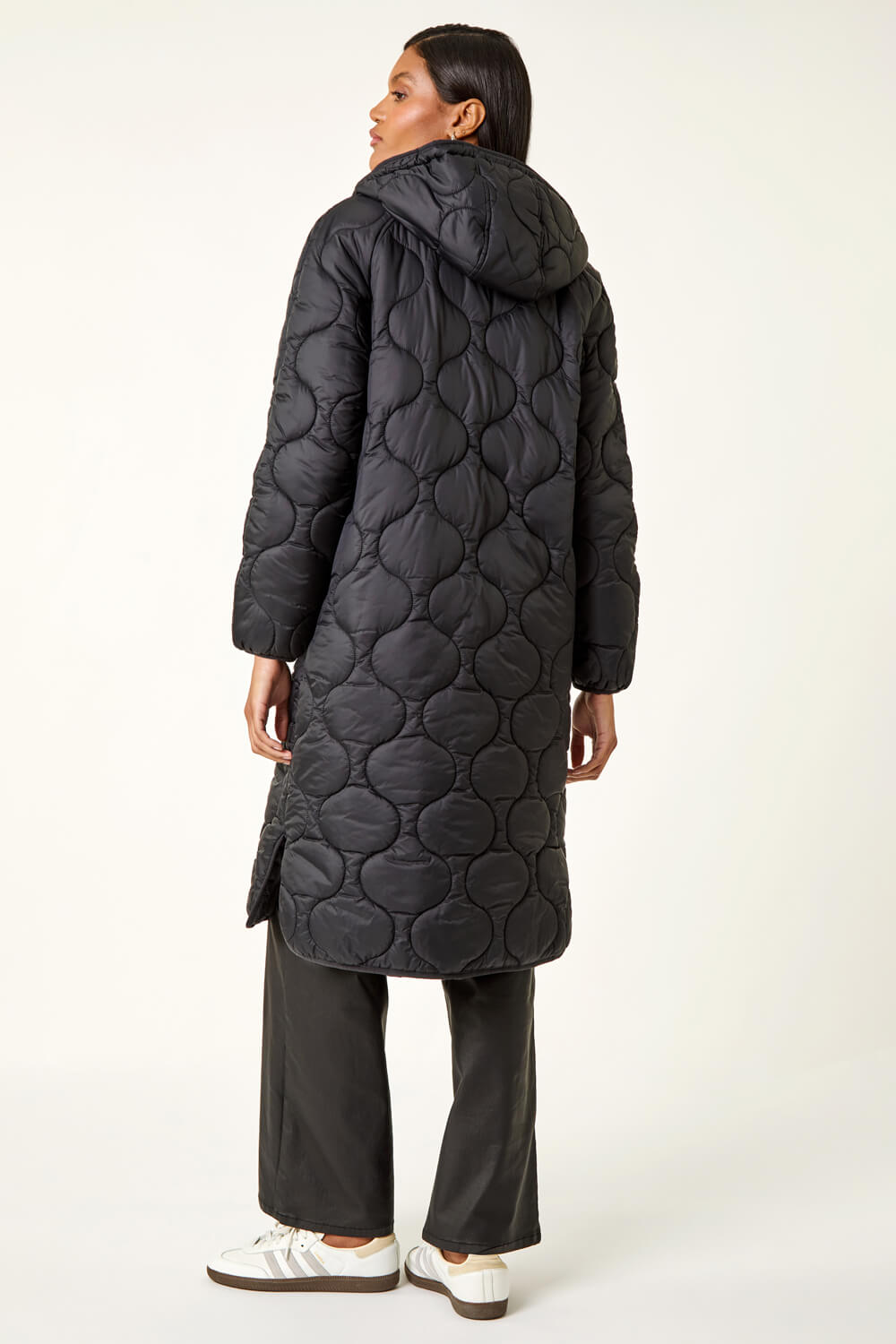 Black Fleece Lined Quilted Hooded Coat, Image 4 of 6