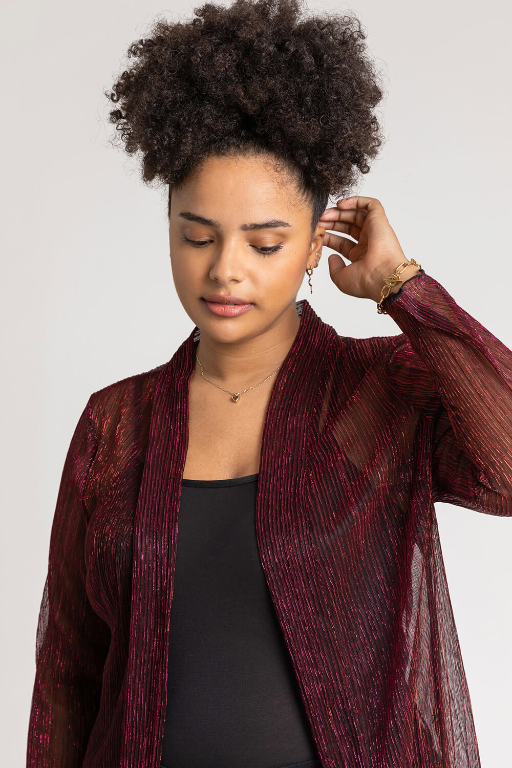 Red Curve Plisse Metallic Kimono, Image 5 of 4