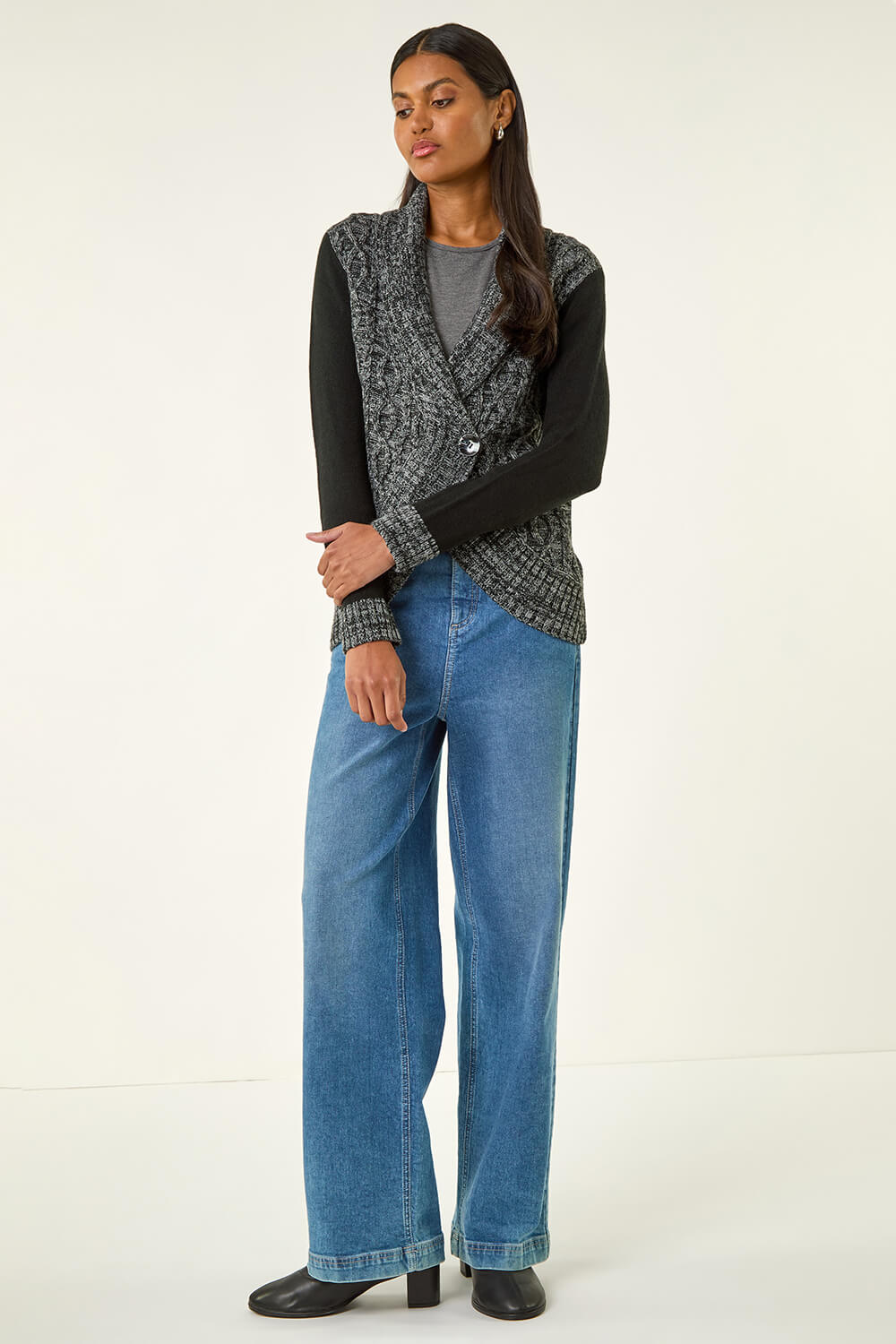 Charcoal Textured Knit Wrap Cardigan, Image 3 of 5