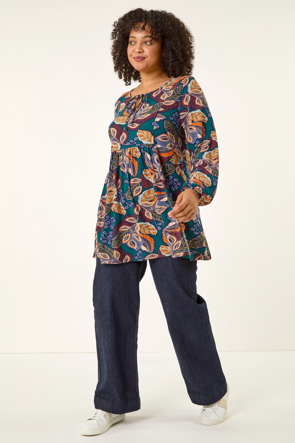 Teal Curve Floral Gathered Tie Front Top, Image 4 of 7