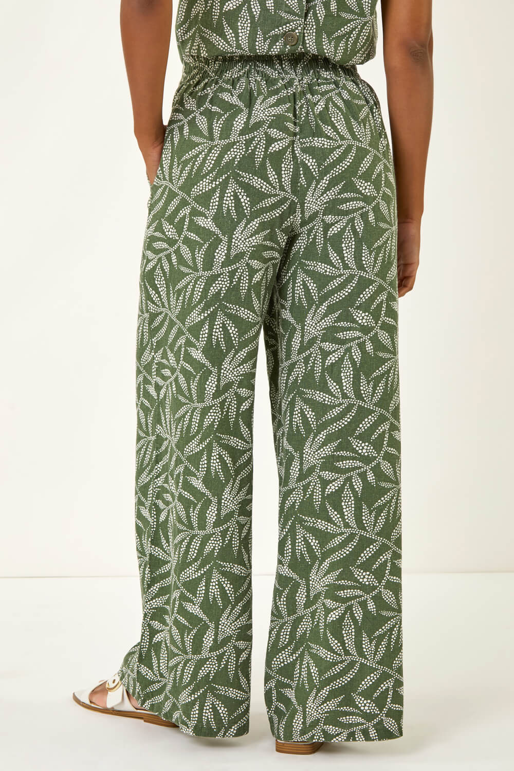 Khaki Leaf Print Linen Blend Wide Leg Trouser, Image 4 of 5