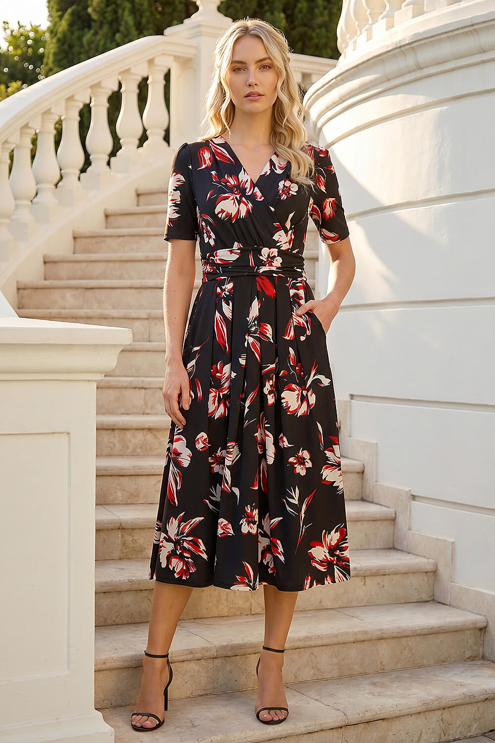 Red Floral Print Wrap Midi Stretch Dress, Image 3 of 4