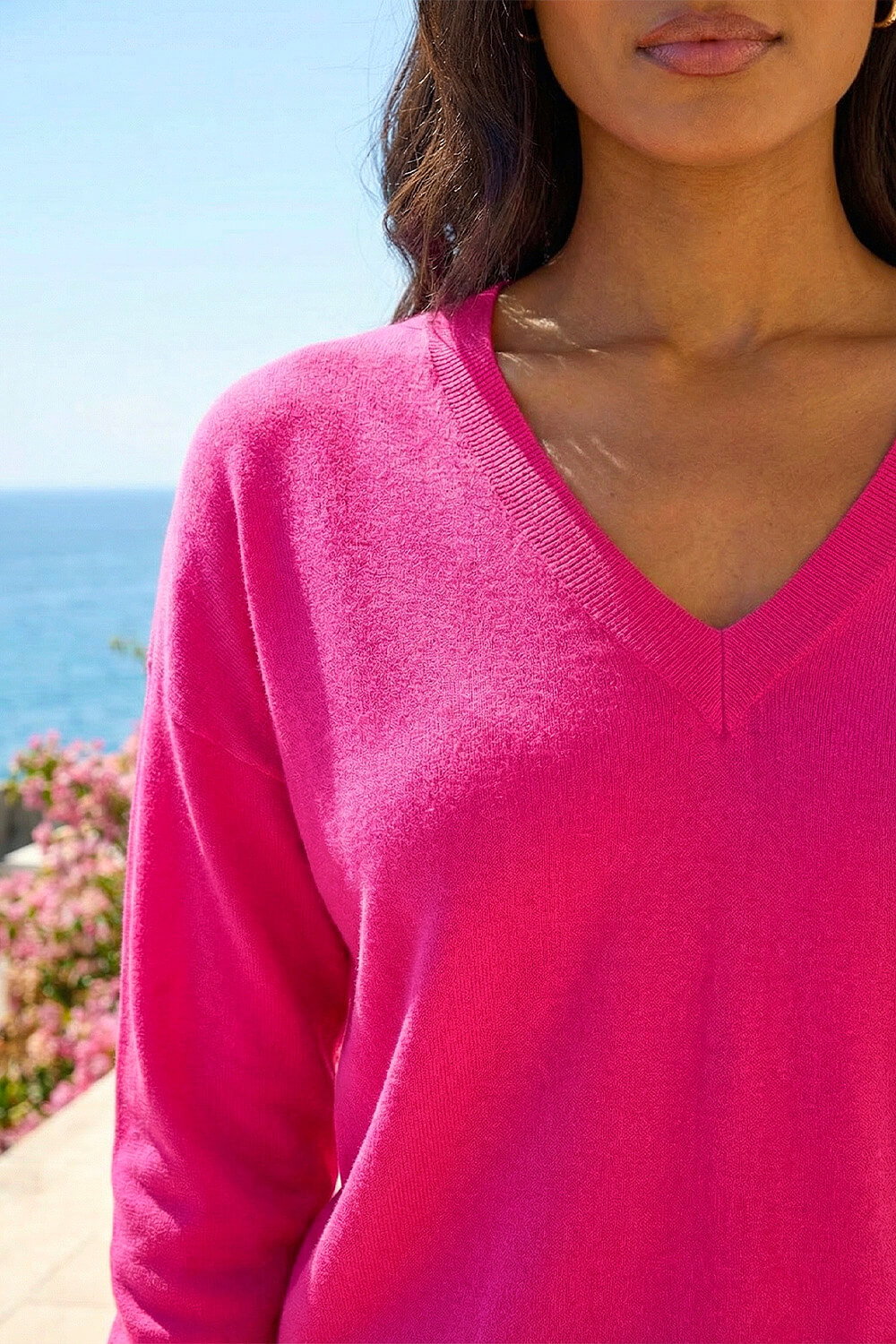 Fuchsia Plain Stretch V-Neck Longline Jumper, Image 5 of 4