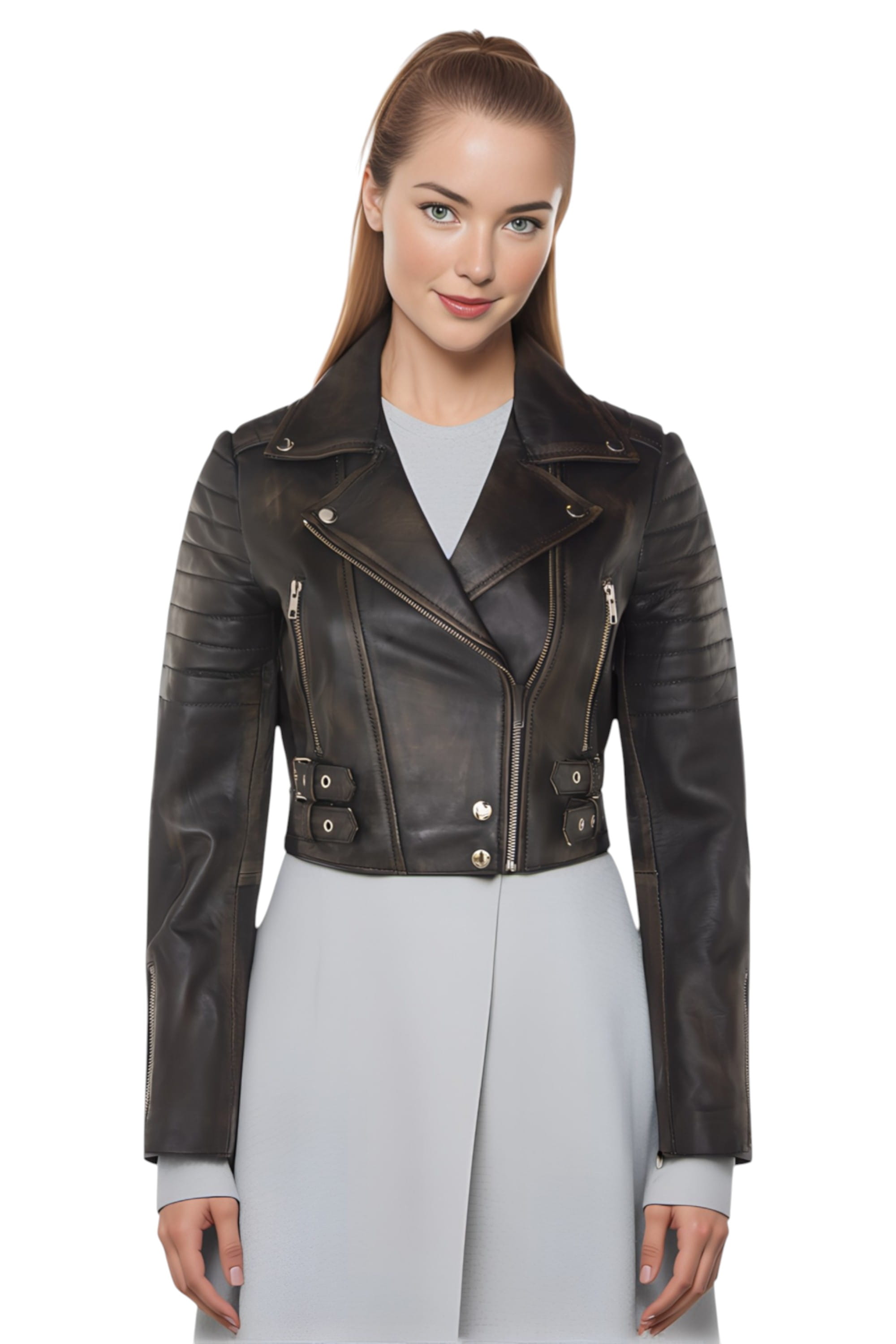 Tortoishell Cropped Brando Leather Biker Jacket, Image 1 of 7