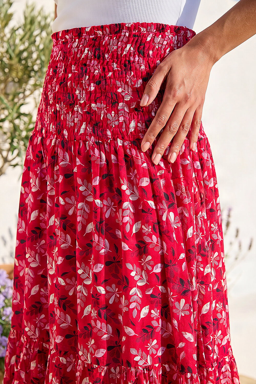 Red Abstract Print Shirred Waist Maxi Skirt , Image 5 of 4