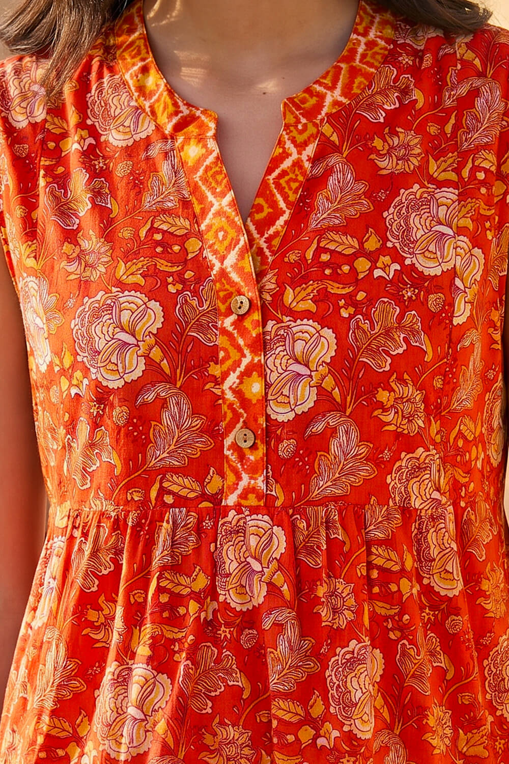 Orange Floral Print Contrast Swing Dress , Image 5 of 4