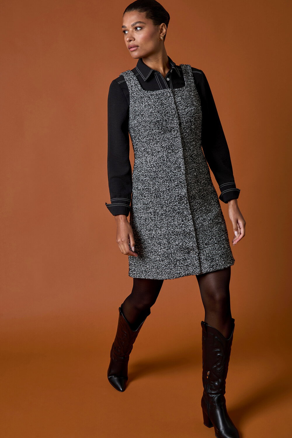Black Printed Button Pinafore Dress, Image 8 of 7
