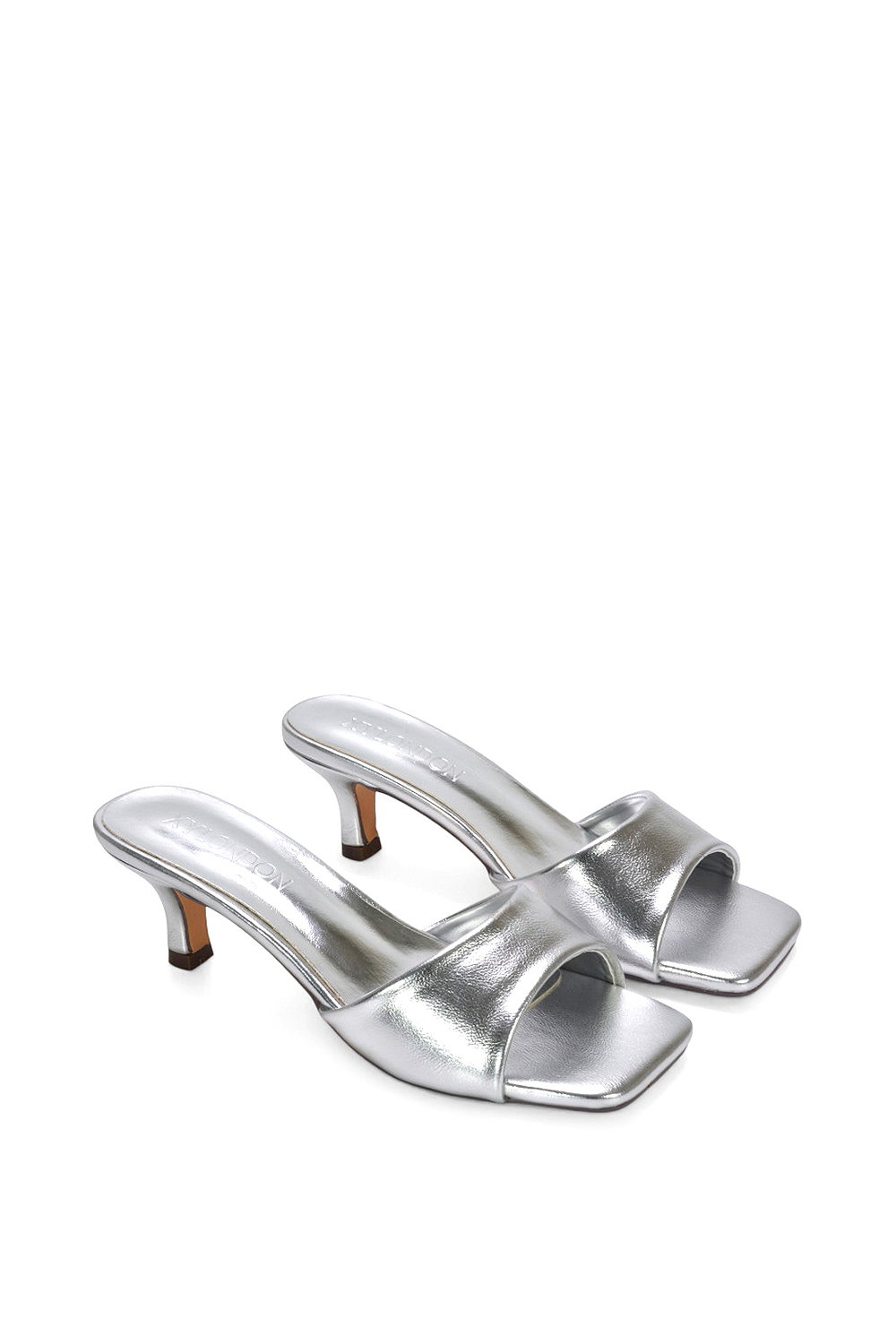 Silver XY LONDON Silver 'Pearl' Square Toe Stiletto Kitten Heel Mule Sandals, Image 5 of 6