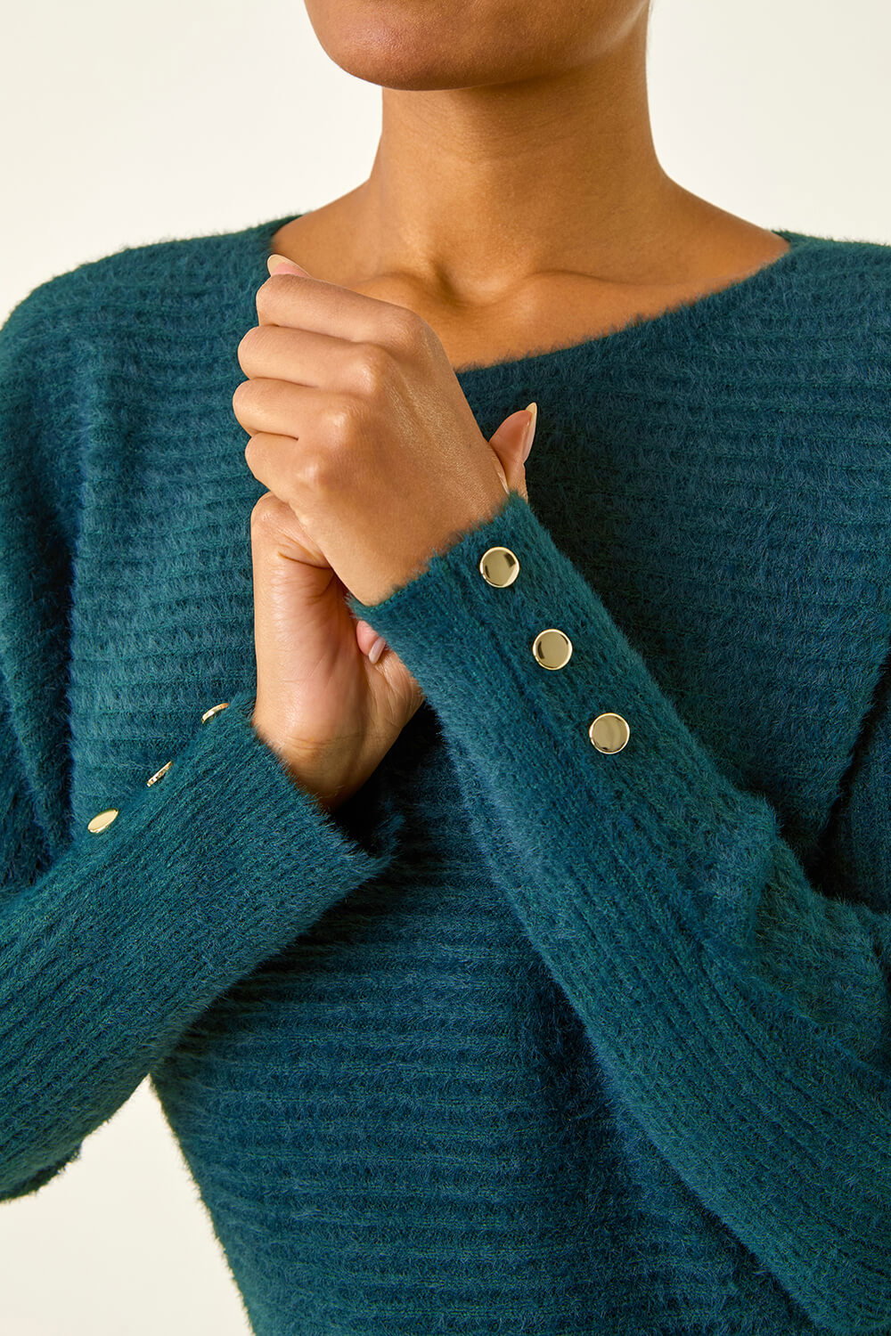 Green Button Sleeve Fluffy Longline Jumper , Image 6 of 5