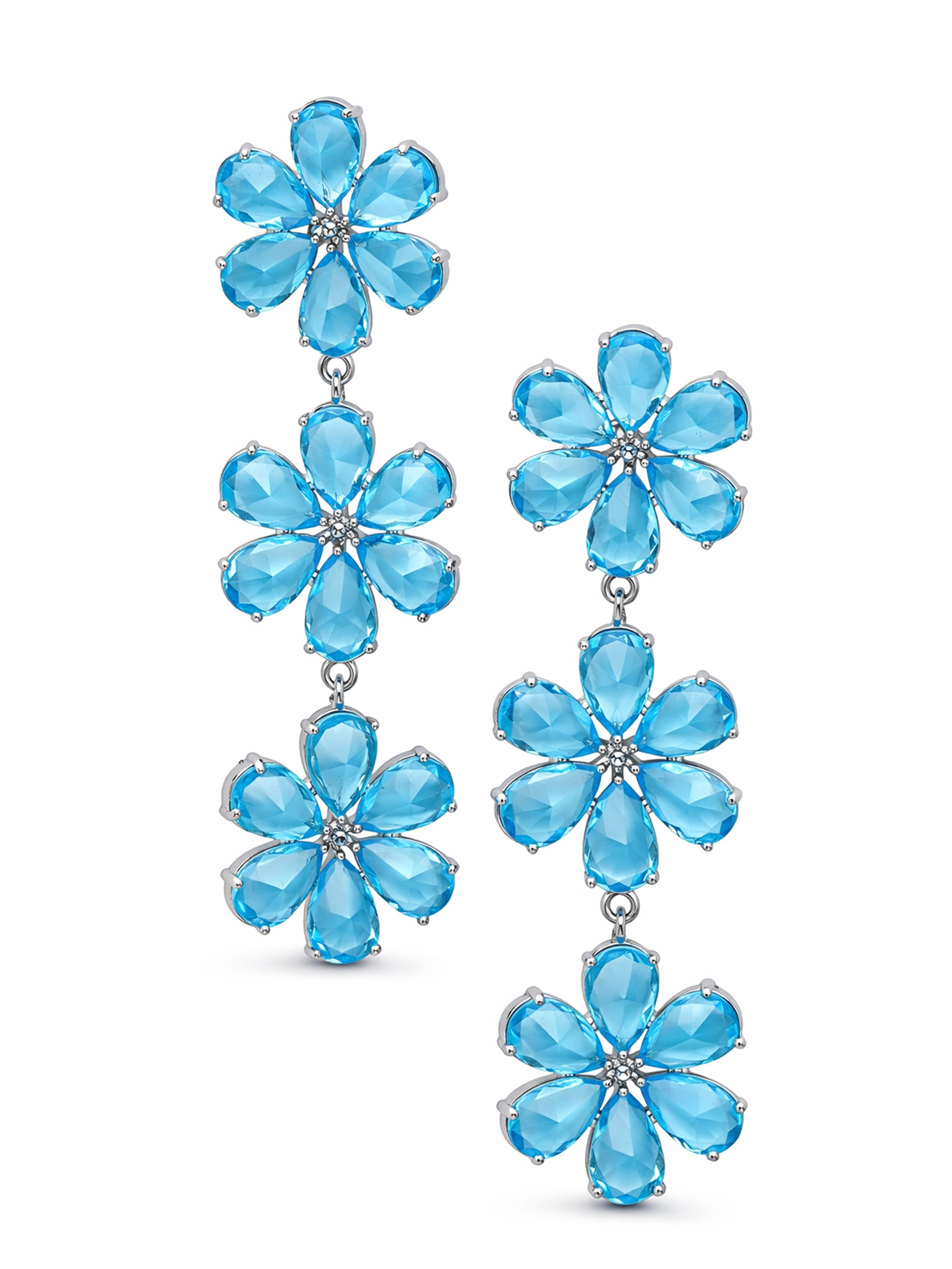 Pink Triple Floral Crystal Drop Earrings