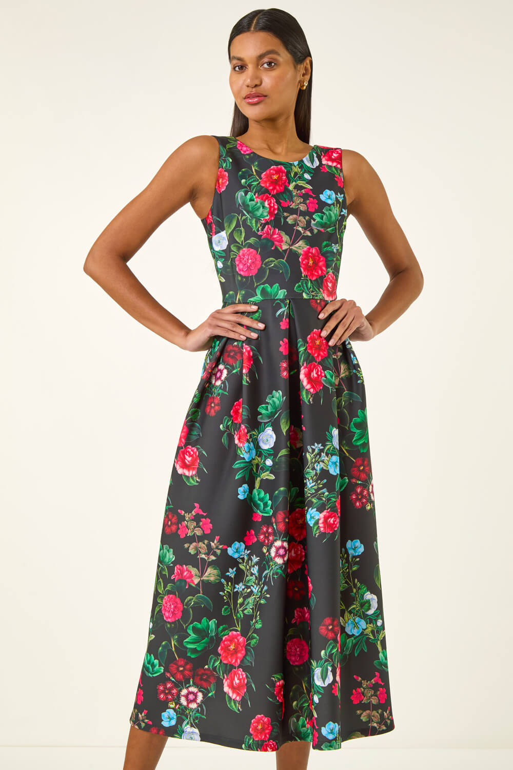 Black Floral Print Premium Stretch Midi Dress, Image 3 of 5