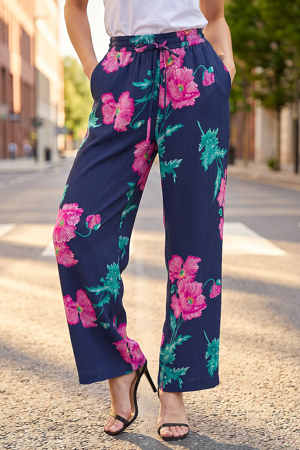 Navy Floral Textured Pull On Trouser, Image 3 of 5