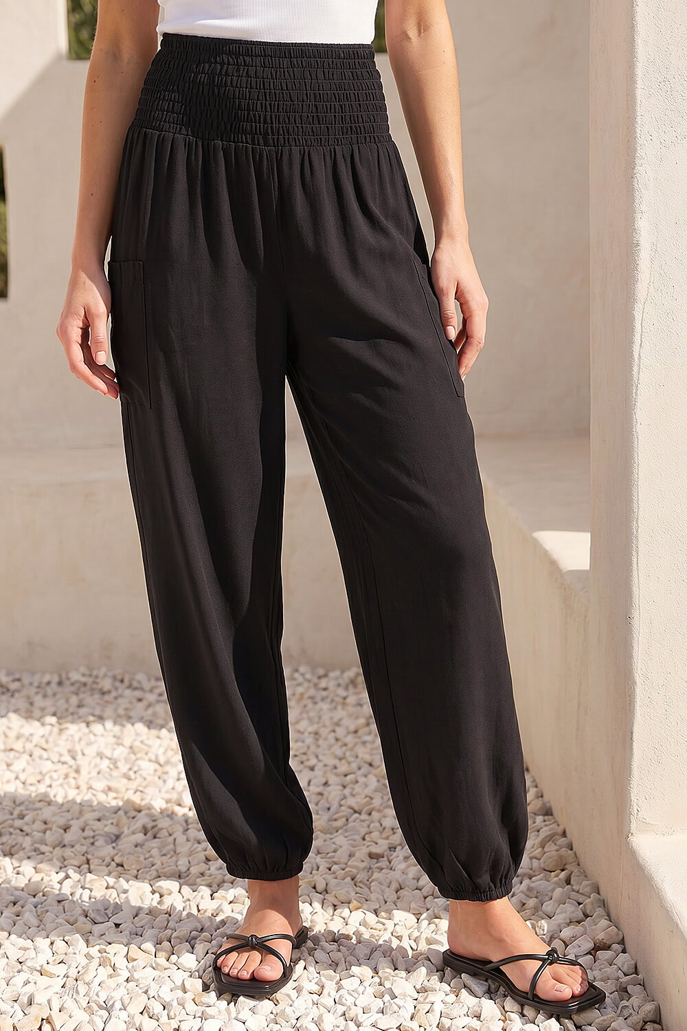 Black Petite Shirred Waist Trousers | Roman UK
