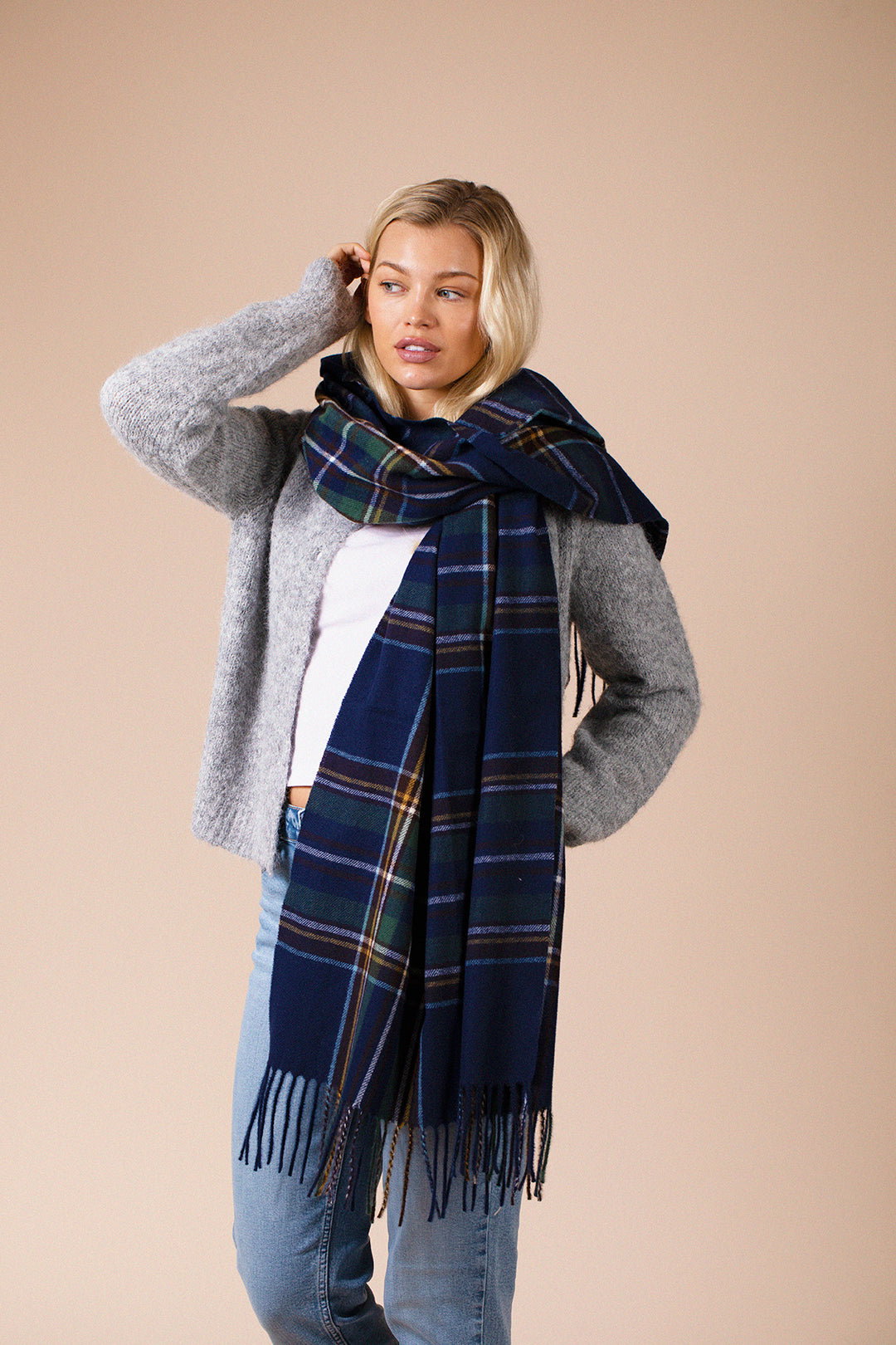 Navy Tartan Woven with Tassels in Navy, Image 5 of 5
