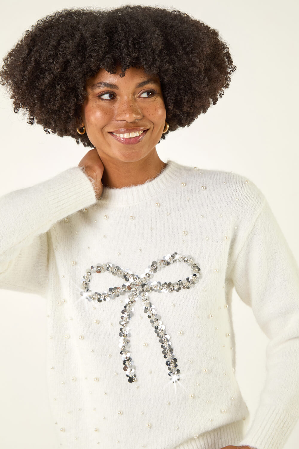 Ivory Embellished Bow Front Knit Jumper, Image 6 of 5