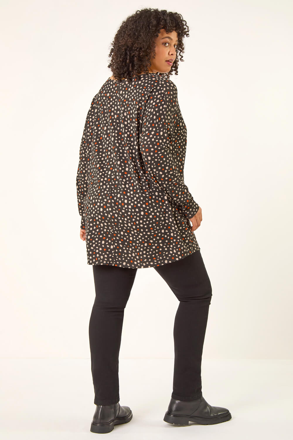 Black Curve Spotted V-Neck Stretch Top, Image 4 of 5