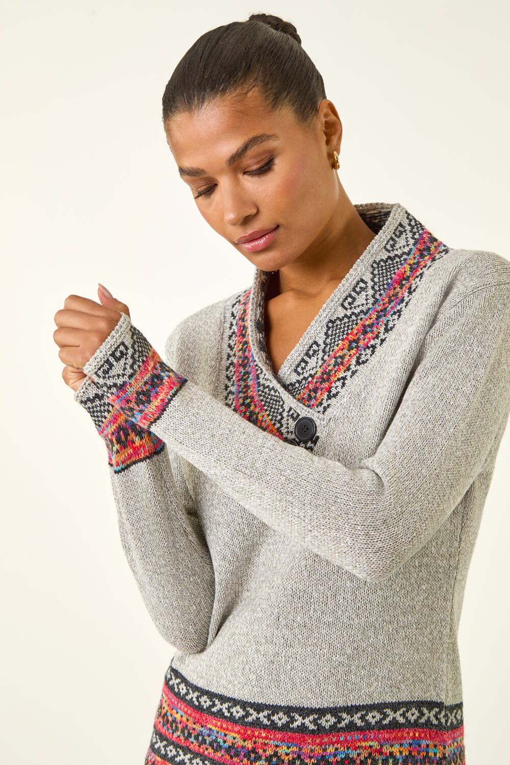 Grey Nordic Print Button Detail V-Neck Jumper, Image 5 of 5