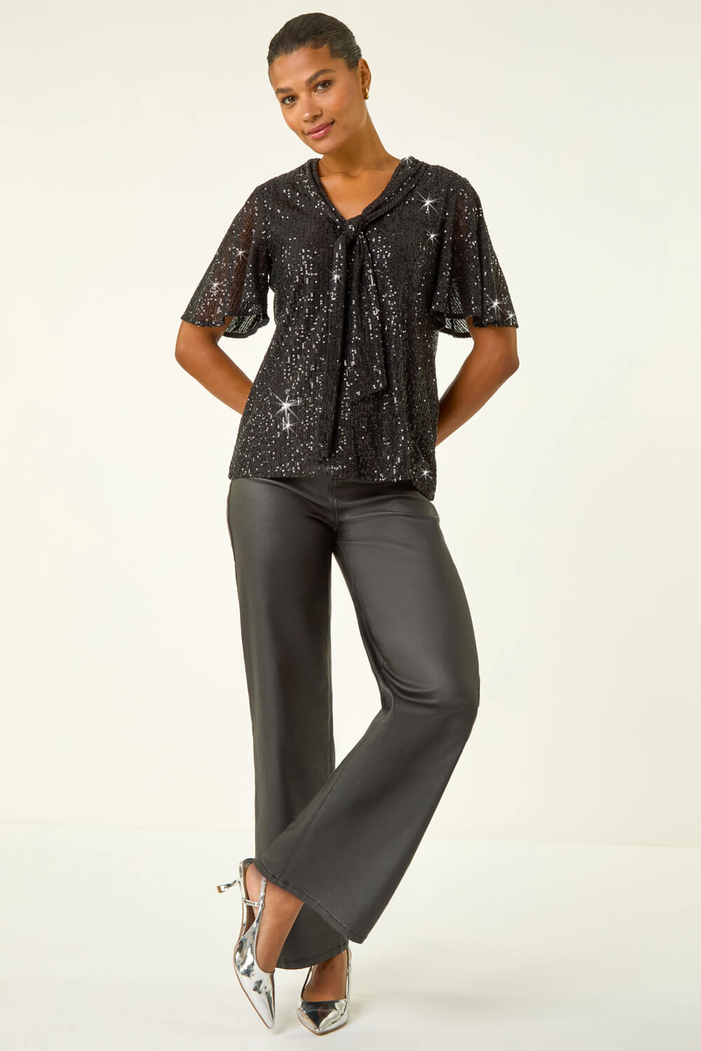 Black Sequin Tie Neck Stretch Top, Image 3 of 5