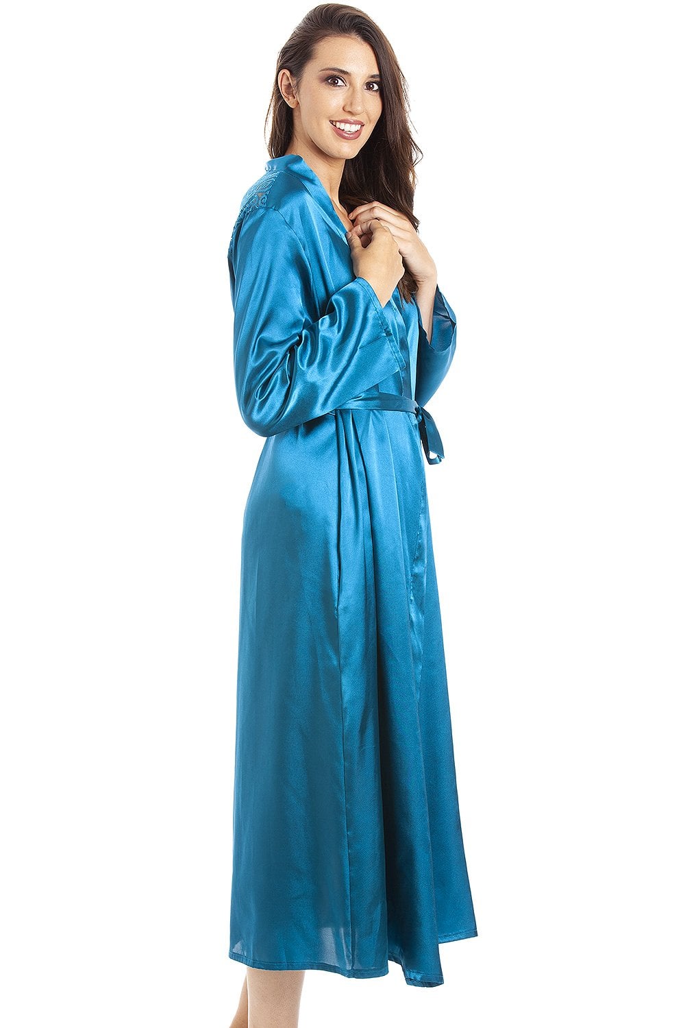 Teal Camille Lingerie Teal Full Length Long Sleeve Plain Satin Wrap, Image 3 of 5