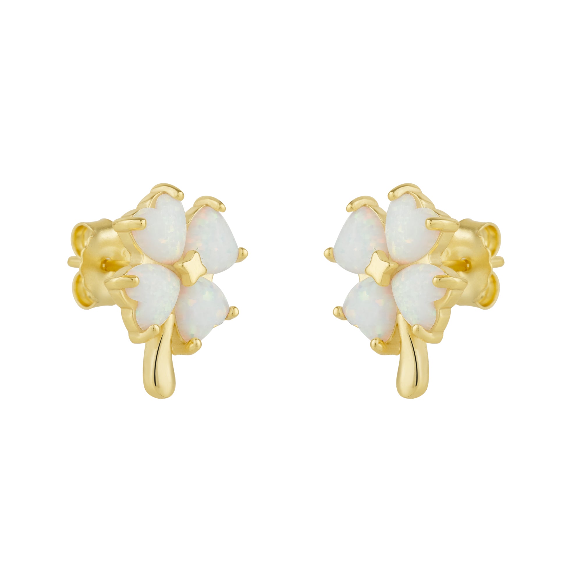 Gold White Opal Four Leaves Clover Sterling Silver Stud Earring, Image 1 of 1