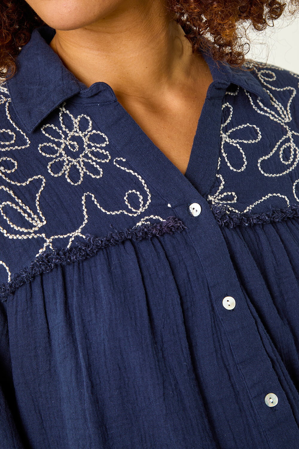 Navy Embroidered Yoke Shirt, Image 6 of 5