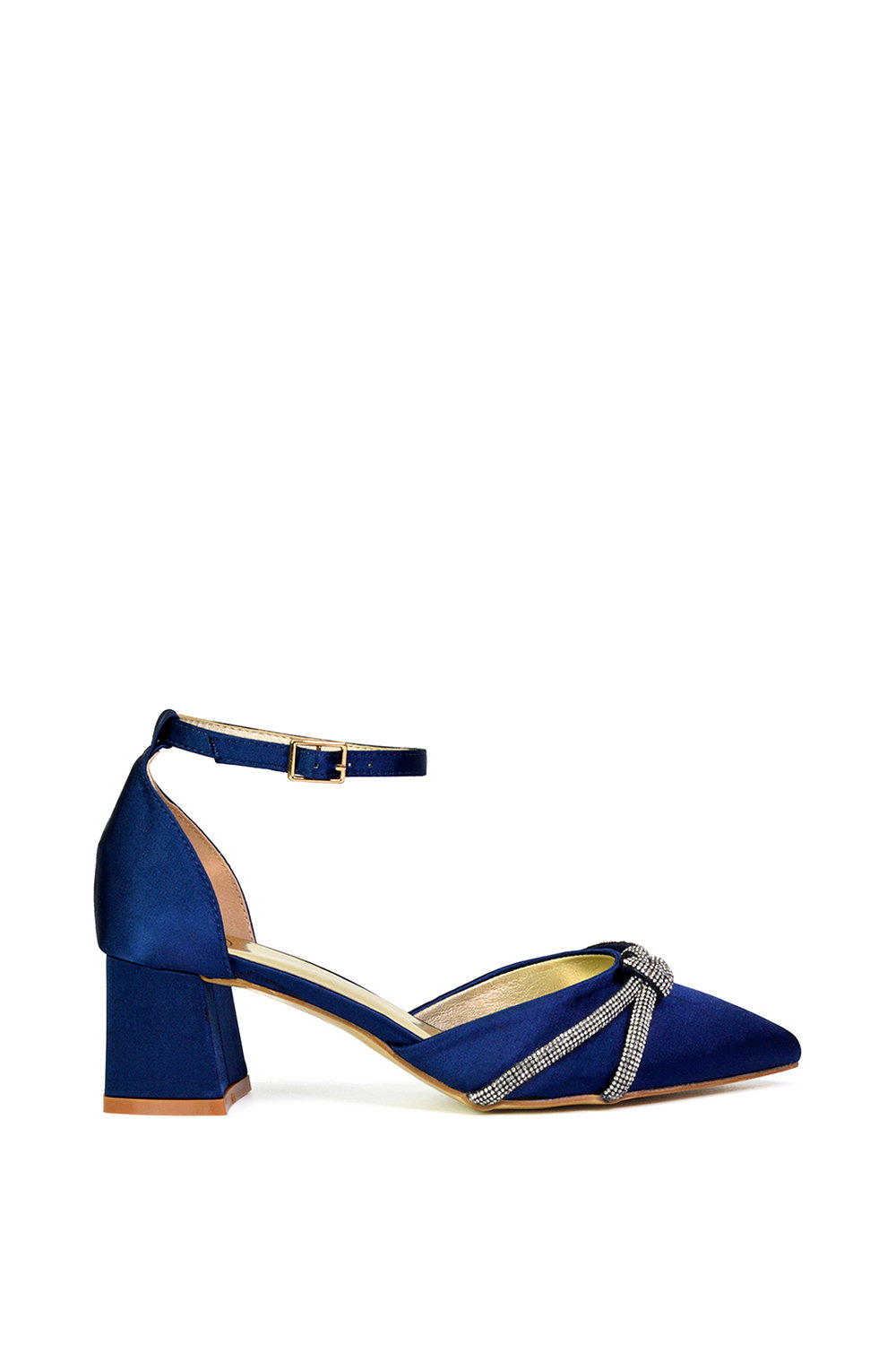 Navy XY LONDON Navy 'Sarah' Ankle Strap Pointed Toe Diamante Mid Block Heels, Image 1 of 5