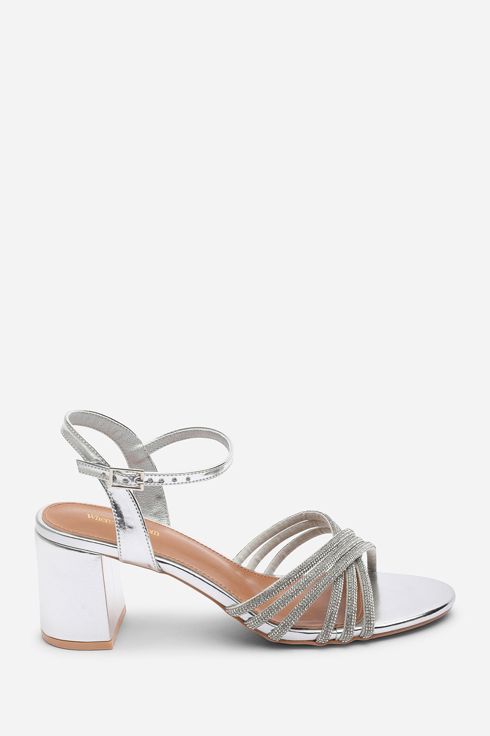 Silver Bellini Cross Over Diamante Strap Block Heel Sandals, Image 2 of 6