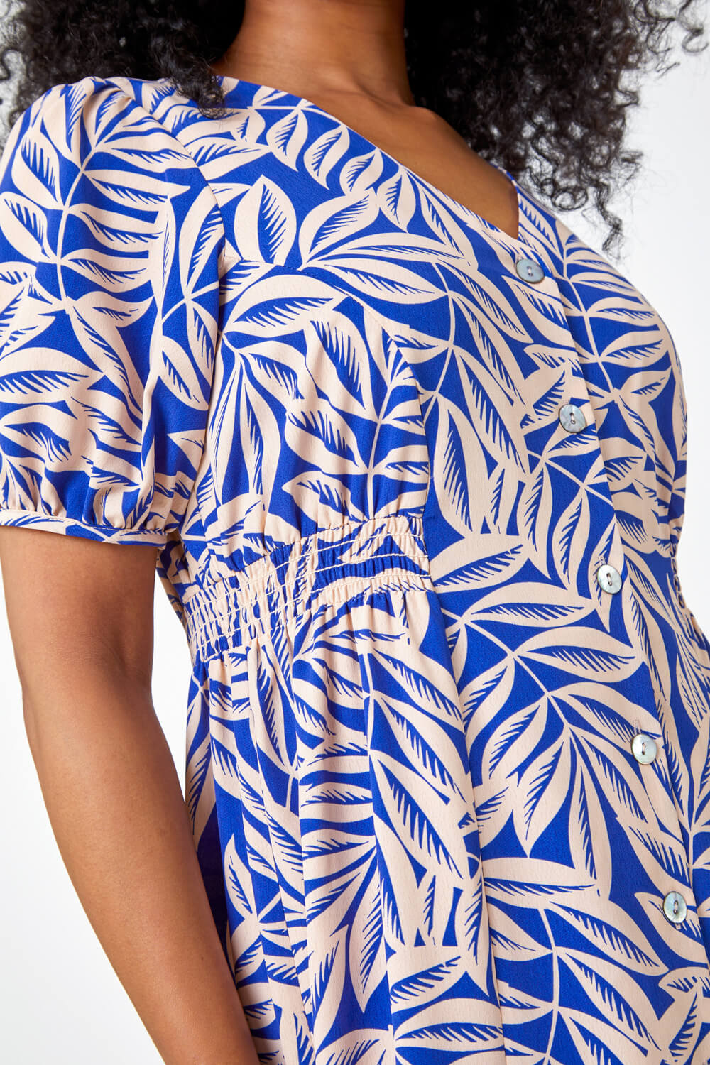 Blue Petite Leaf Print Button Midi Dress, Image 6 of 5