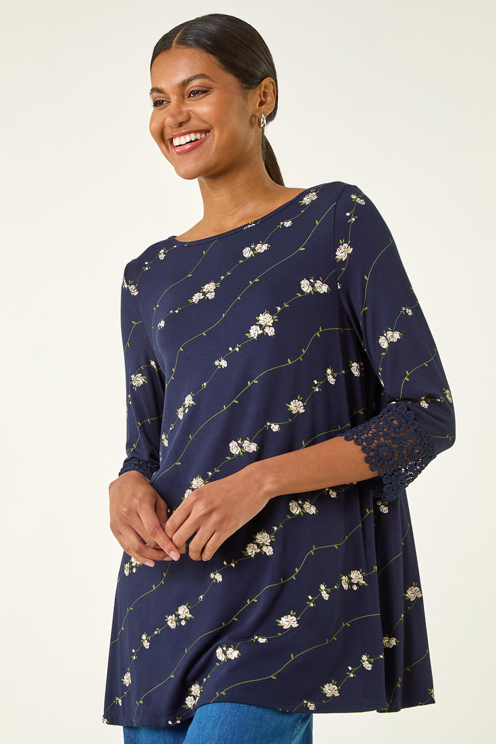 Navy Printed Lace Cuff Stretch Top, Image 5 of 5