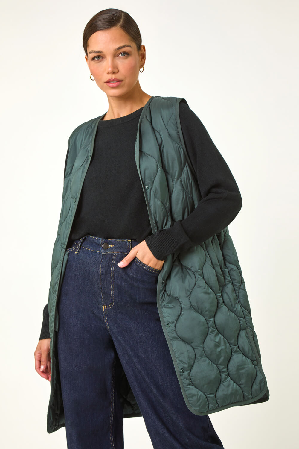 Forest Green Quilted Collarless Button Detail Gilet, Image 3 of 6