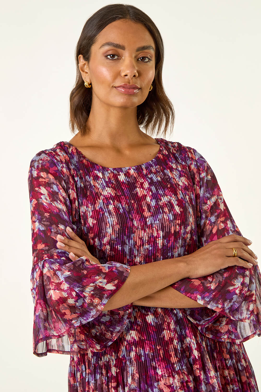Wine Metallic Abstract Pleated Top, Image 5 of 5