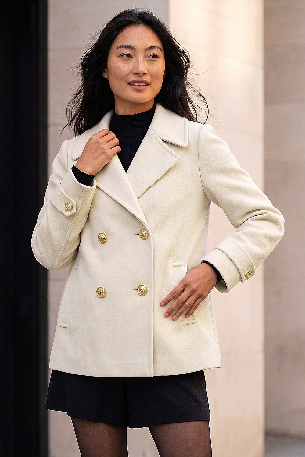 Roman Petite Women's Ivory Collar Double Breasted Coat Size 12