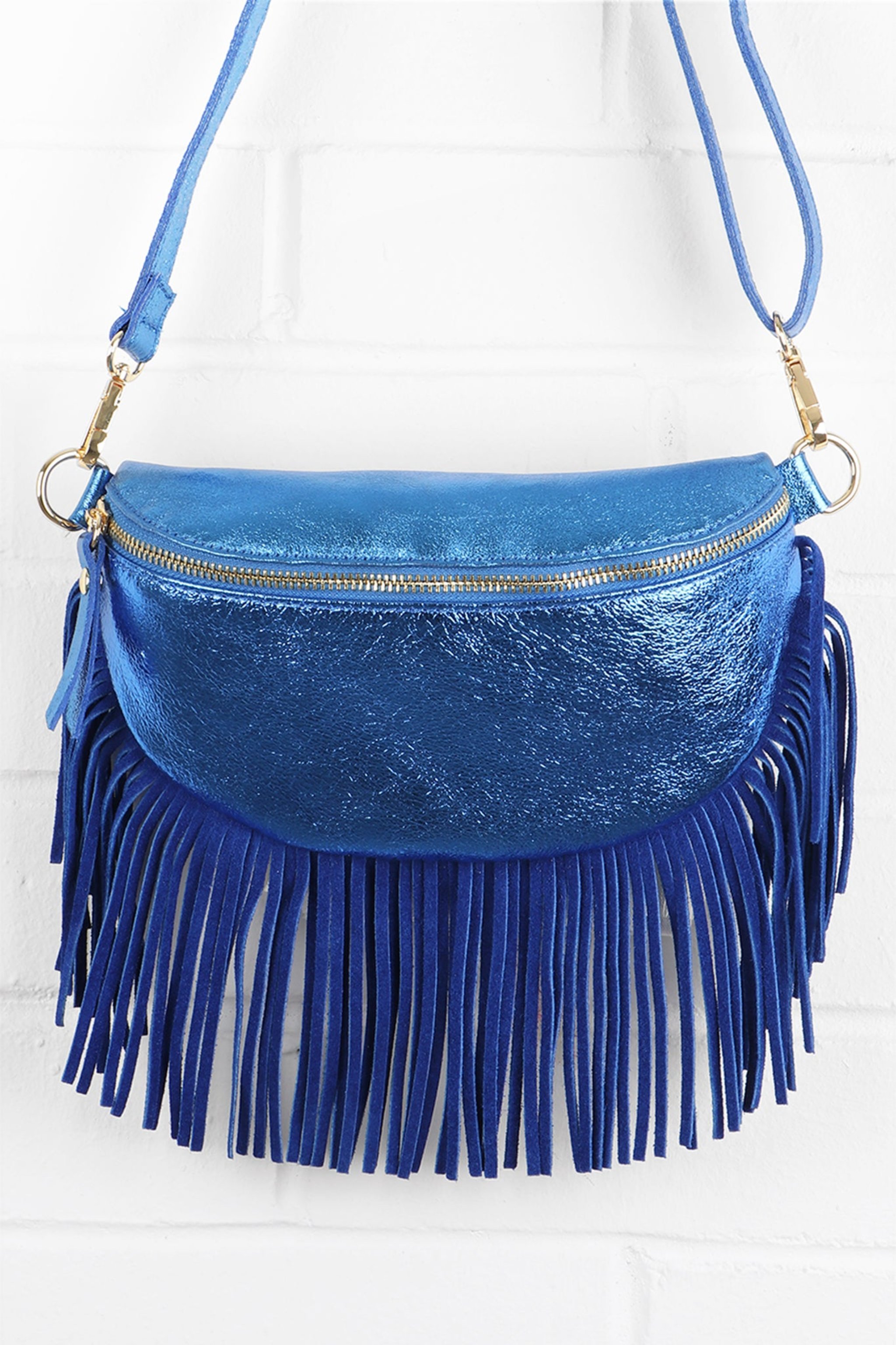 Blue Fringed Half Moon Leather Crossbody Bag, Image 1 of 2