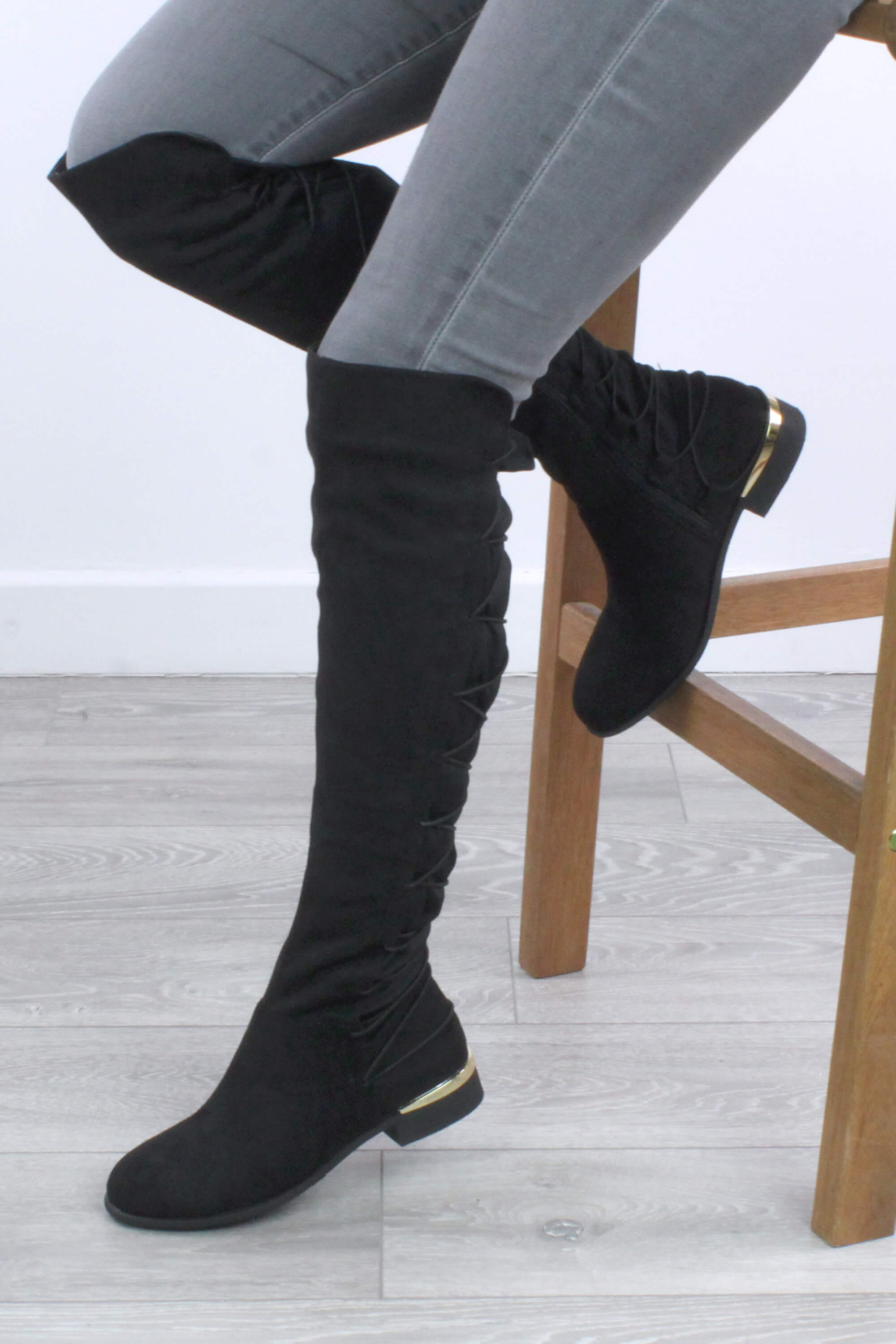 Black Elastic Tie Up Riding Knee High Boots, Image 5 of 6