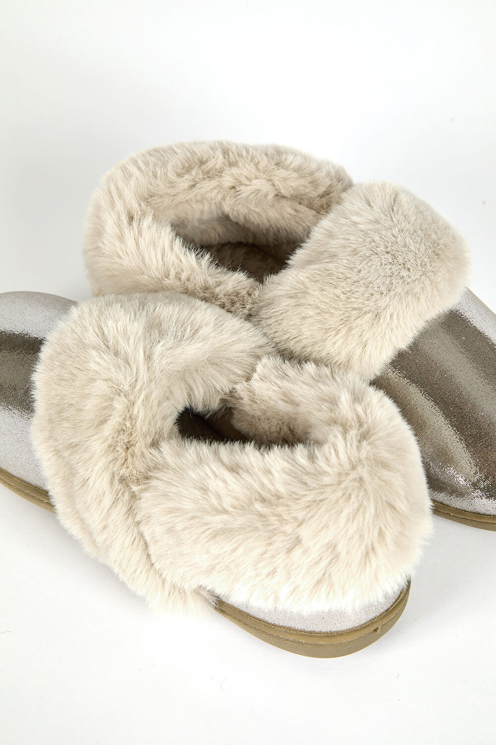 Silver Closed Metallic Faux Fur Slippers, Image 5 of 5