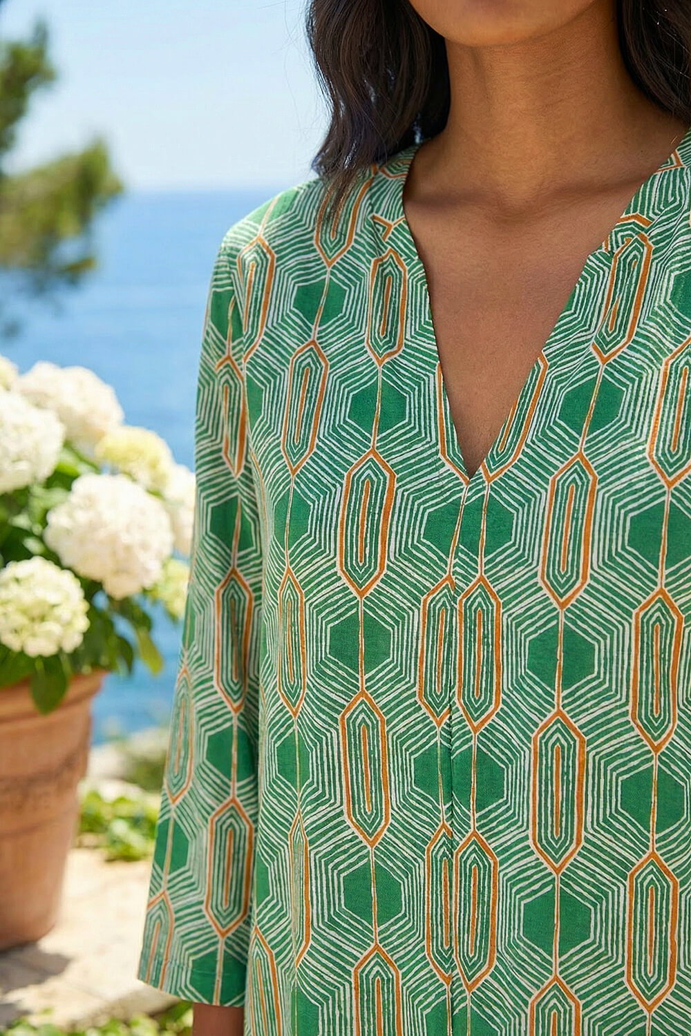 Green Geometric Print Stretch Top, Image 5 of 4